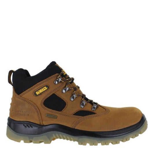 A brown DeWalt Challenger 3 safety boot with steel toe cap, steel midsole protection, and a waterproof membrane inner lining.