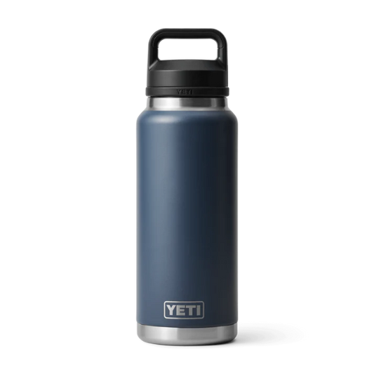Blue YETI water bottle with black lid on a white background. Available at Kustom Workwear.