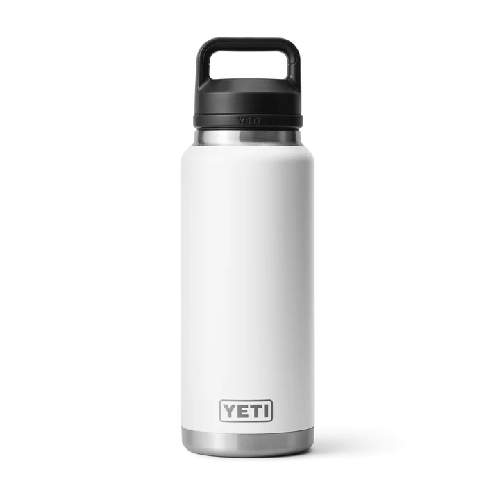 White YETI water bottle with a black lid on a white background. Available at Kustom Workwear.