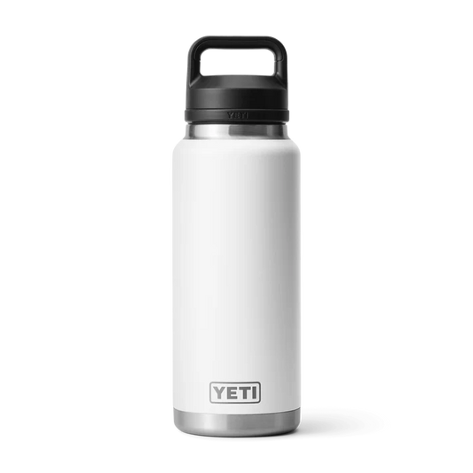 White YETI water bottle with a black lid on a white background. Available at Kustom Workwear.