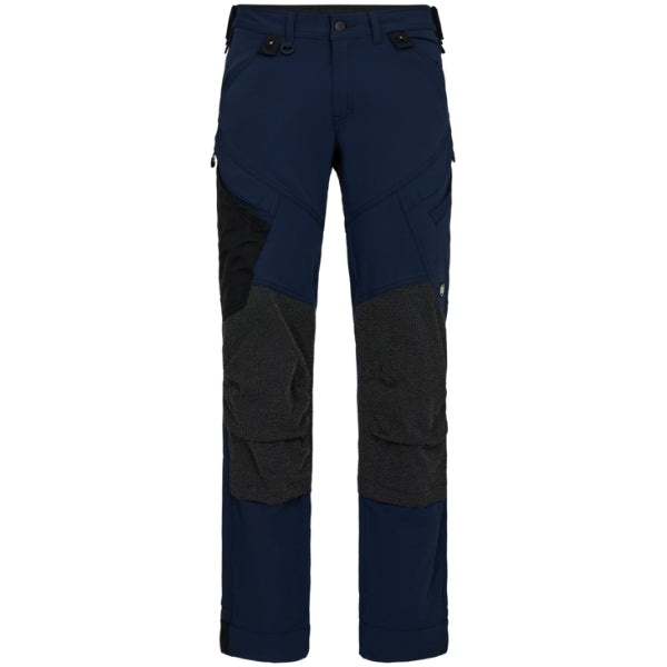 A pair of blue and black Engel work trousers with reinforced knees and multiple functional pockets, including thigh pockets with zips and cross-pockets.