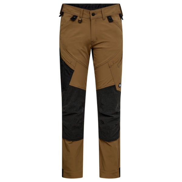A pair of Engel brown, ergonomic, functional work trousers with multiple pockets and reinforced knees.