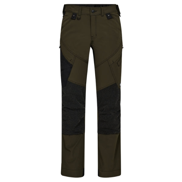 A pair of Engel Forest Green ergonomic, functional work trousers with multiple pockets and reinforced knees.