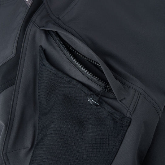 Close-up of a black coat with zipper details on a gray background