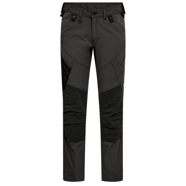 A pair of Engel anthracite grey, ergonomic, functional work trousers with multiple pockets and reinforced knees.