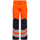 Orange and blue hi-vis Engel work trousers with reflective stripes on a white background.