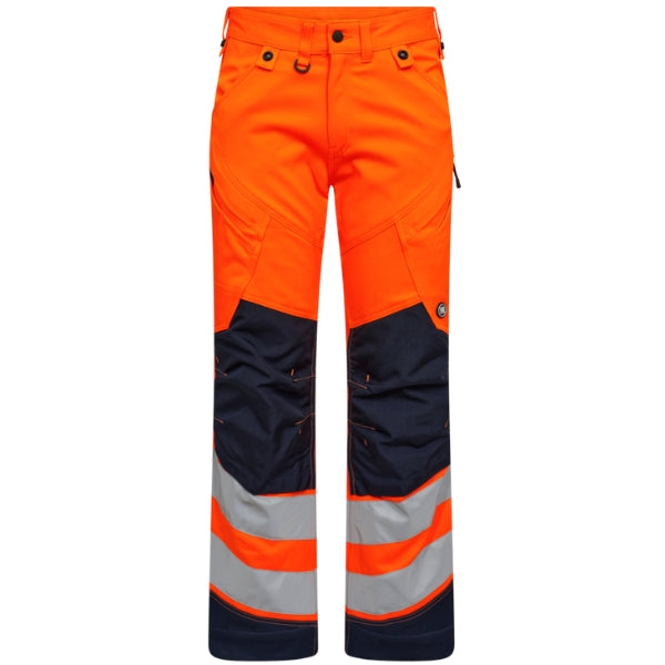 Orange and blue hi-vis Engel work trousers with reflective stripes on a white background.