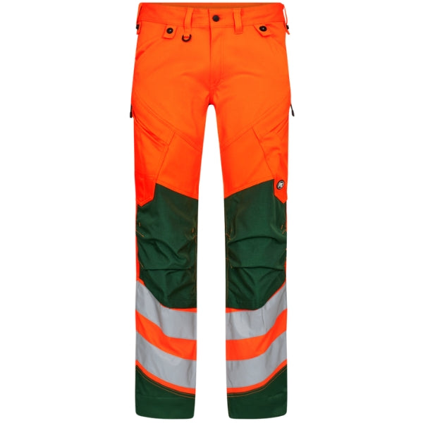 Engel workwear. Orange and green hi-vis safety work trousers with reflective stripes on a white background.