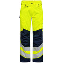 Hi-vis Engel work trousers with yellow and navy design on a white background