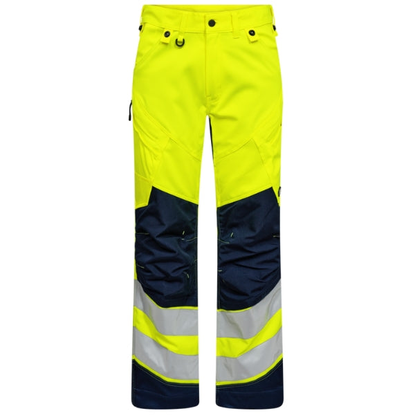 Hi-vis Engel work trousers with yellow and navy design on a white background