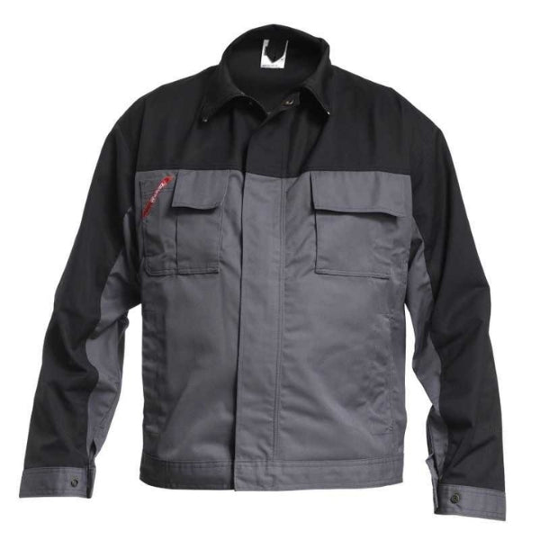 Two-tone Engel black and gray light jacket on a white background. Multiple pockets. Kustom Workwear online outlet.