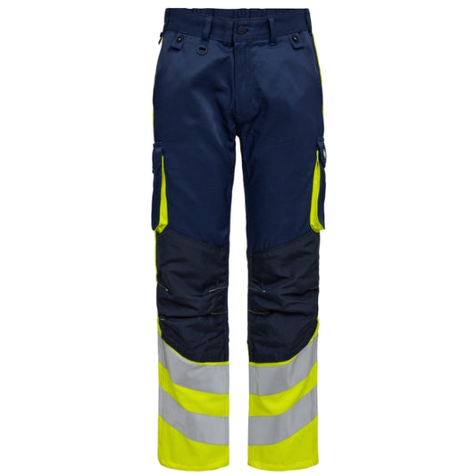 Navy and yellow hi-vis safety Engel work trousers with reflective stripes on a white background.