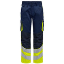 Navy and yellow hi-vis safety Engel work trousers with reflective stripes on a white background.