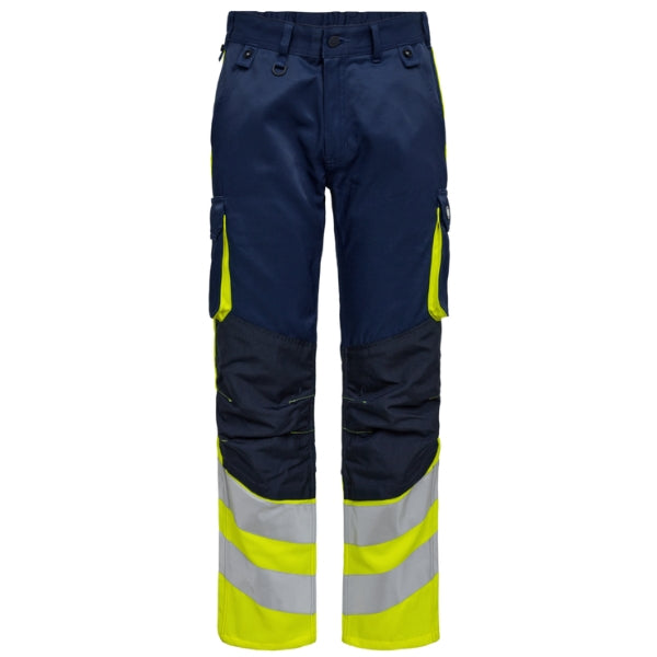 Navy and yellow hi-vis safety Engel work trousers with reflective stripes on a white background.