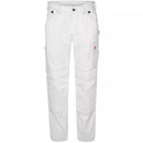 White Engel workwear combat cotton trousers with contrast stitching, multiple pockets, and reinforced knees on a white background.