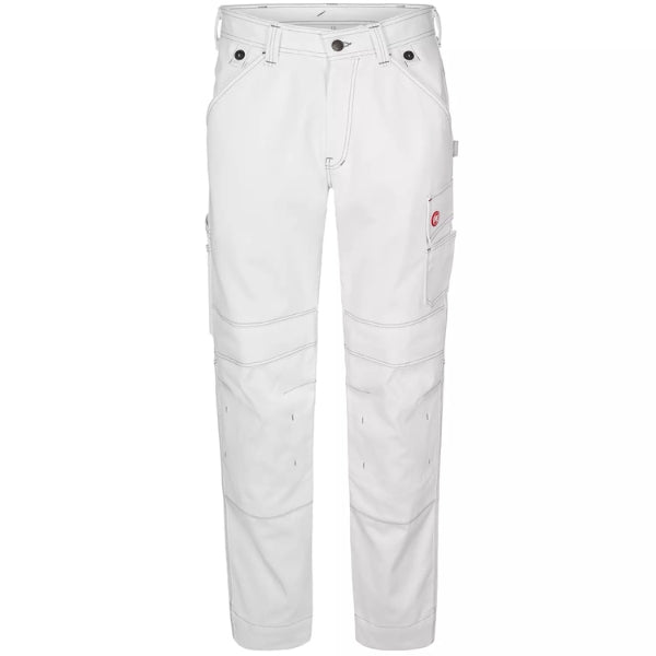 White Engel workwear combat cotton trousers with contrast stitching, multiple pockets, and reinforced knees on a white background.