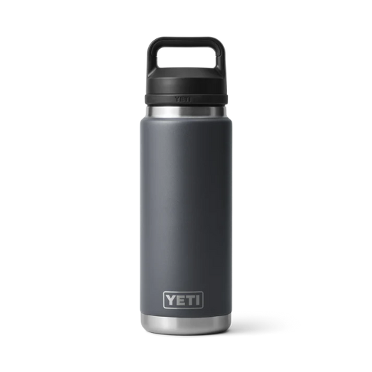 Gray YETI water bottle with black lid on a white background. Shop Yeti drinkware at Kustom Workwear.