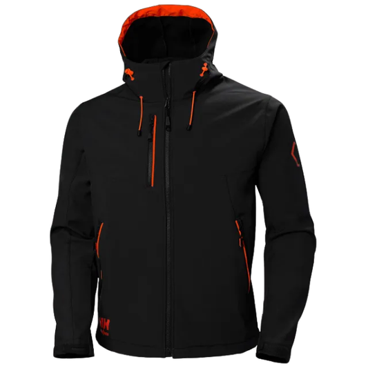 Black softshell jacket with orange accents on a white background