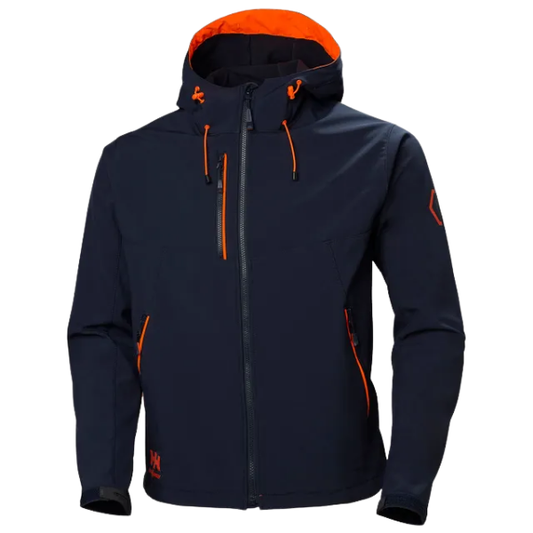 Navy blue Helly Hansen jacket with orange accents on a white background