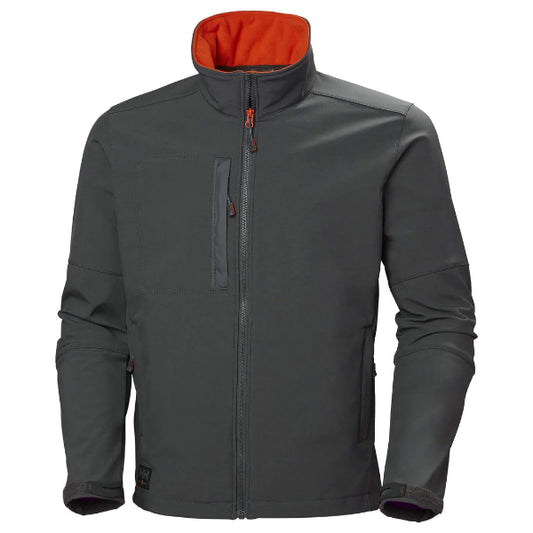 Front view of Helly Hansen Kensington softshell jacket 74232 in black with stretch fabric and zip pockets on white background