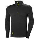 A long sleeve black crewneck Helly Hansen pullover with a half zipper and green detailing on the neck and cuffs.