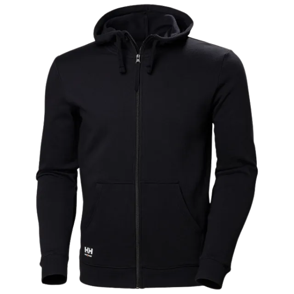 Black Manchester Helly Hansen hoodie with a brand logo on a white background