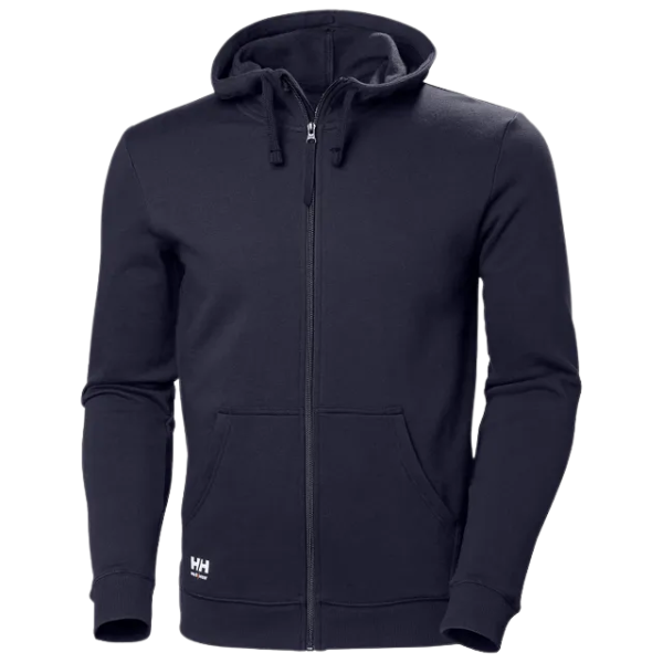 Navy blue hoodie with a brand logo on a white background