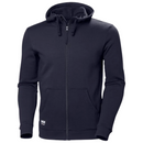 Navy blue hoodie with a brand logo on a white background