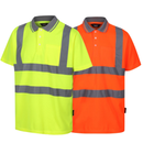 Two high-visibility polo shirts. One Traega hi-vis yellow and one hi-vis orange, on a white background.