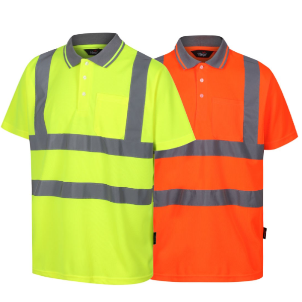 Two high-visibility polo shirts. One Traega hi-vis yellow and one hi-vis orange, on a white background.