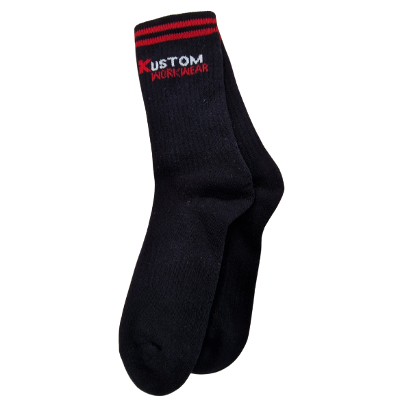 Black sock with red and white 'Kustom Work Wear' band on a white background