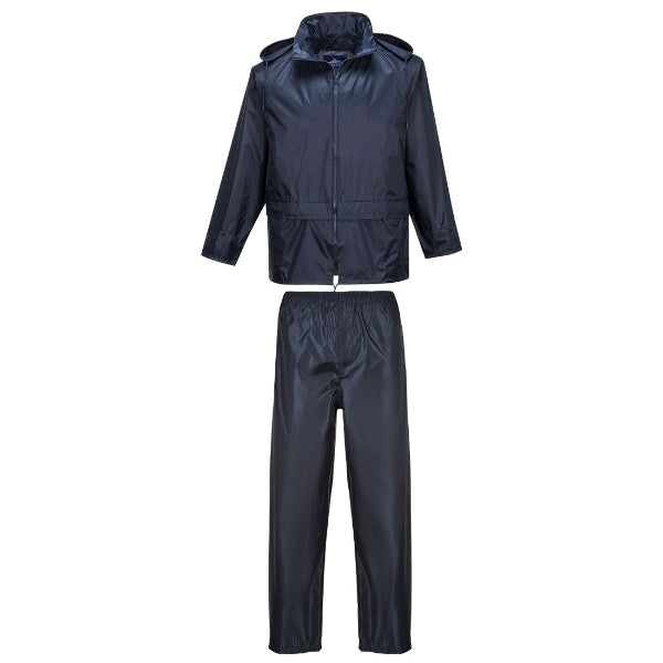 A two-piece navy rainsuit with a hooded jacket and matching pants, featuring adjustable hood, front pockets, and elasticated waistband.