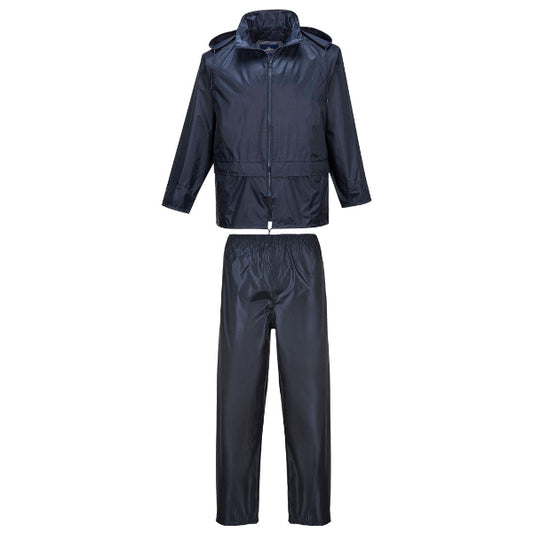 A two-piece navy rainsuit with a hooded jacket and matching pants, featuring adjustable hood, front pockets, and elasticated waistband.