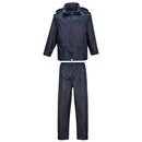 A two-piece navy rainsuit with a hooded jacket and matching pants, featuring adjustable hood, front pockets, and elasticated waistband.