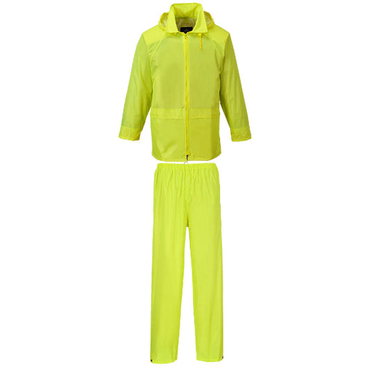 A two-piece hi-vis yellow rainsuit with a hooded jacket and matching pants, featuring adjustable hood, front pockets, and elasticated waistband.