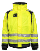 A Lyngsoe 99988 waterproof work jacket, primarily yellow with reflective black stripes, featuring a high collar, zip pockets, and designed for cold weather work.