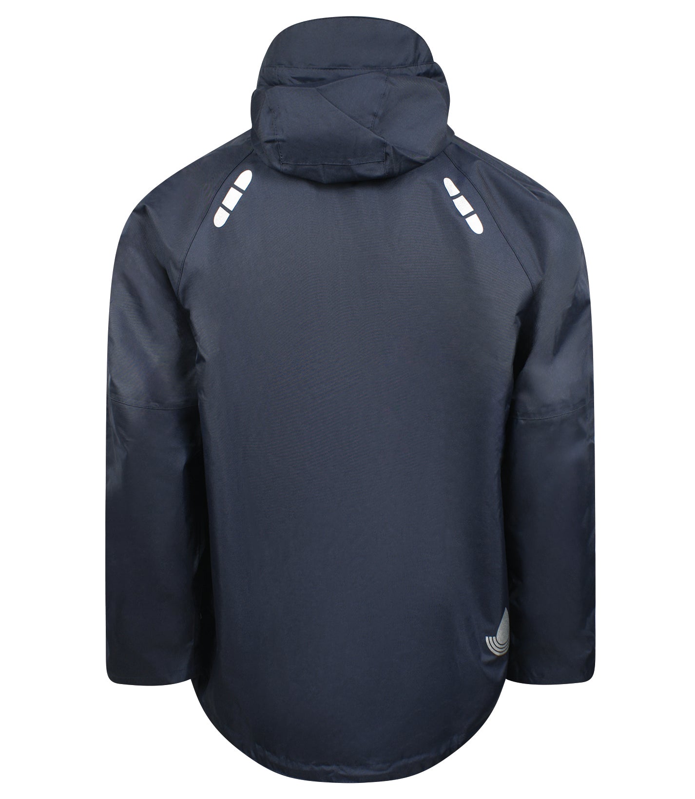 Rear view of a dark blue Lyngsoe FOX6030 breathable rain jacket, showcasing the hood, two reflective stripes on each shoulder, and a small reflective detail near the bottom hem.