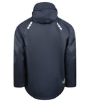Rear view of a dark blue Lyngsoe FOX6030 breathable rain jacket, showcasing the hood, two reflective stripes on each shoulder, and a small reflective detail near the bottom hem.