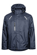 Front view of a dark blue Lyngsoe FOX6030 breathable rain jacket on a white background. It features a full zip, hood with drawstrings, two reflective stripes on the chest, and a visible zipper pull with the brand name. 
