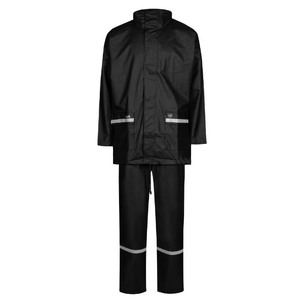 Lyngsoe Microflex rain set, including a black waterproof jacket and matching trousers, laid out on a white background. Available at Kustom Workwear.