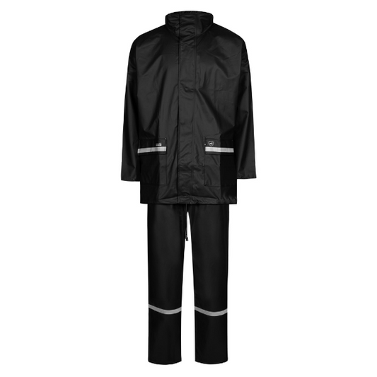 Lyngsoe Microflex rain set, including a black waterproof jacket and matching trousers, laid out on a white background. Available at Kustom Workwear.
