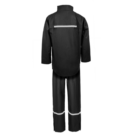 A back-facing shot of the Lyngsoe LR1389 Rainset Jacket & Trousers in black PU material, shown against a plain white backdrop. The jacket has a single reflective strip across the back shoulders, and the trousers have reflective bands around the lower legs, emphasizing the visibility features of this waterproof rainwear.