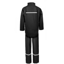 A back-facing shot of the Lyngsoe LR1389 Rainset Jacket & Trousers in black PU material, shown against a plain white backdrop. The jacket has a single reflective strip across the back shoulders, and the trousers have reflective bands around the lower legs, emphasizing the visibility features of this waterproof rainwear.