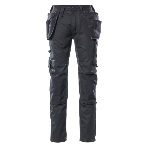 Mascot 17731 black work trousers with holster pockets. Image of Mascot trousers in black, highlighting the design and holster pocket placement.