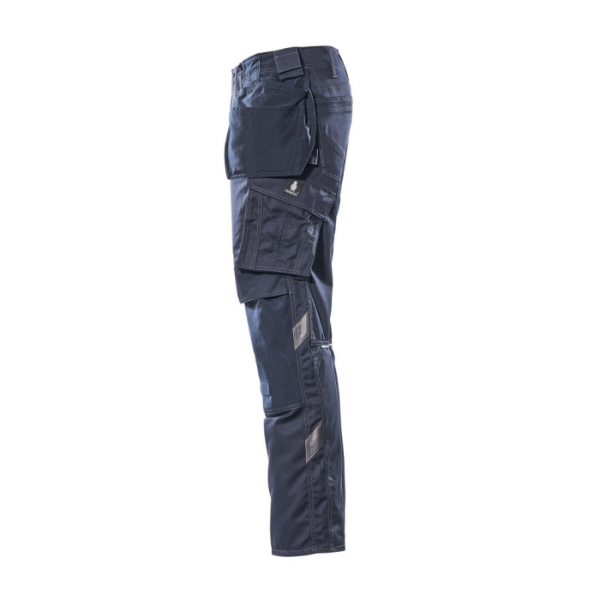 Product image showcasing the detailed design of the left leg pocket on the Mascot 17731 trousers, highlighting the integrated holster pocket for secure tool storage.