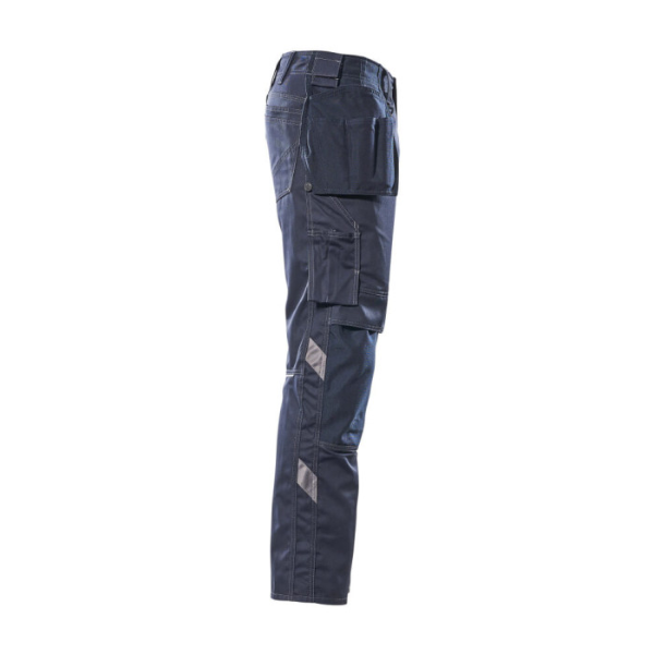 A detailed view of the right leg pockets on the Mascot 17731 trousers, emphasizing the practical design with a built-in holster pocket for efficient tool organization