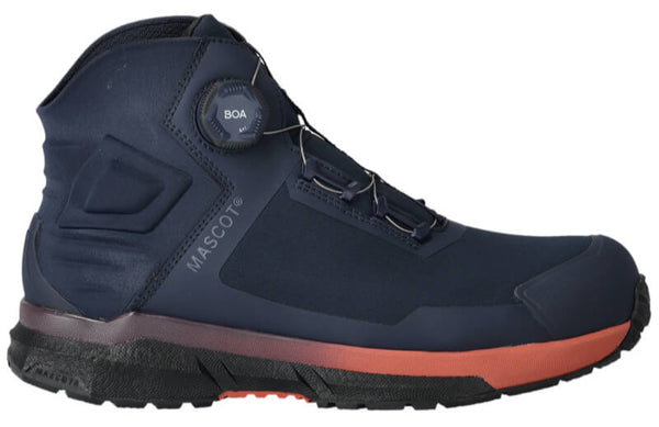 A navy blue safety boot with a composite toe cap, featuring a BOA fit system dial, memory foam lining, and a rubber outer sole with a 3D-printed pattern. The boot has a carbon plate in the midsole for energy return and is marked as ESD approved.
