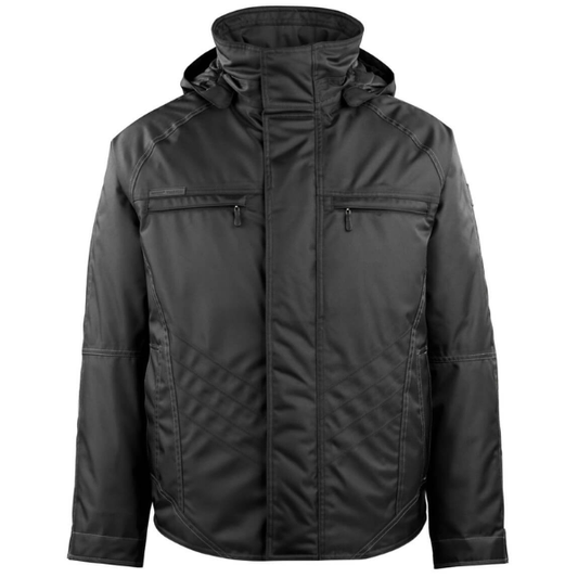 Black Mascot 12135 Workwear winter jacket with a hood on a white background. Available at Kustom Workwear.