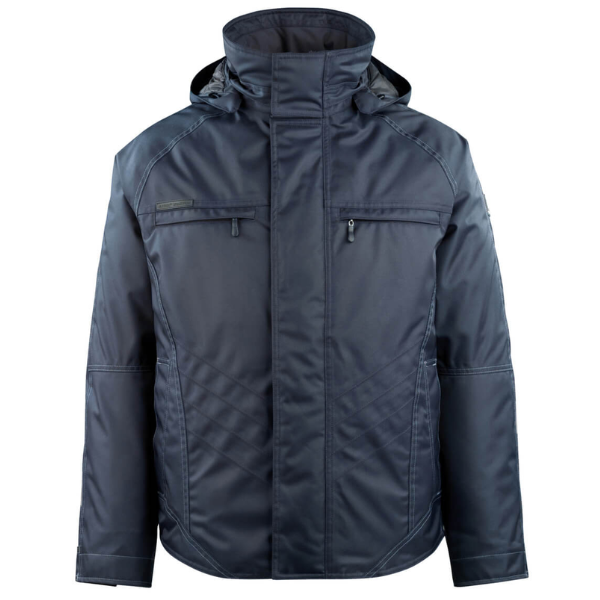 Navy Mascot 12135 Workwear winter jacket with a hood on a white background. Available at Kustom Workwear.