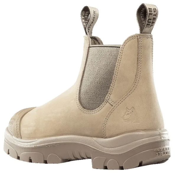 Back-side close-up of Steel Blue Hobart boot with detailed stitching and heel branding – Kustom Workwear.